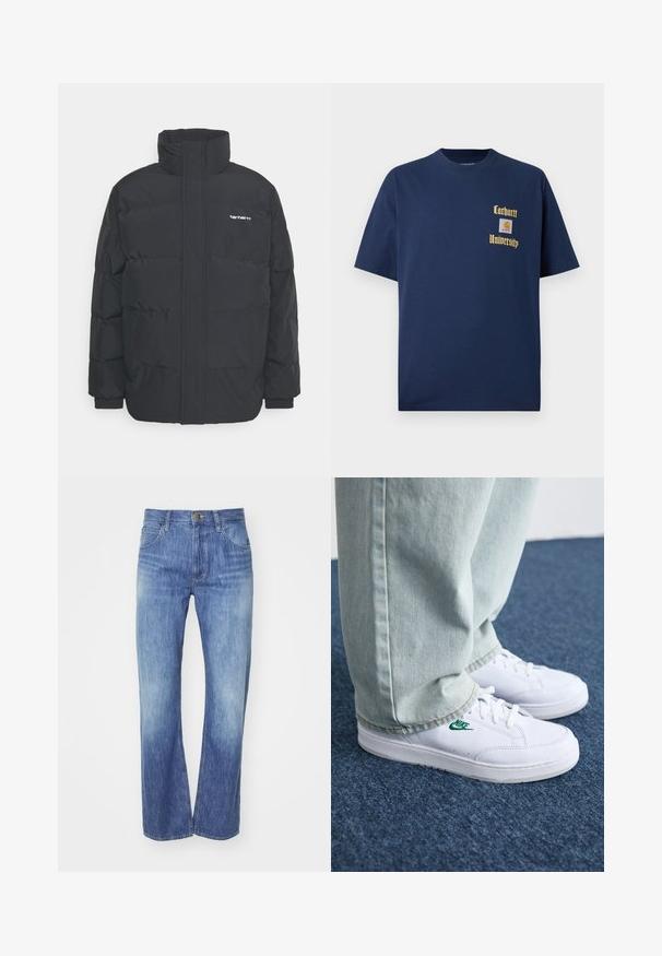 Fekete puffKabát magas nyakkal, cipzáros előlappal és rugalmas mandzsettával. Tartalmaz egy zsebet és egy kis logót a mellkason. Texturált felület.; Sötétkék pamut póló rövid ujjal, arany színű "Carhartt University" felirattal és logóval a bal mellen.; Világos kék farmernadrág egyenes szárú szabással, enyhe kopással, öt zsebbel és gombos záródással a deréknál.; Fehér bőr sportcipők zöld Nike logóval, kerek orral, lapos talppal, világoskék farmernadrággal párosítva, kék szőnyegen bemutatva.