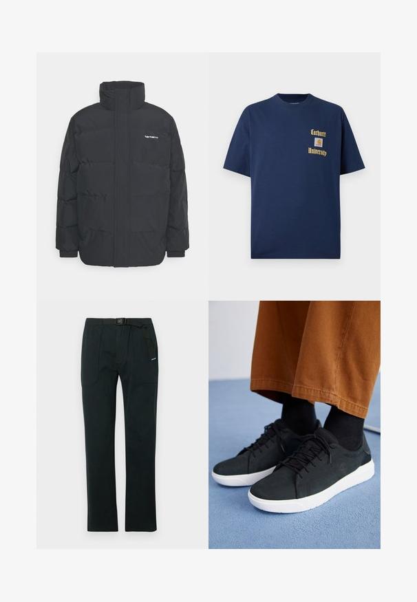 Czarna kurtka puchowa z wysoką kołnierzem, zamkiem z przodu i elastycznymi mankietami. Posiada kieszeń oraz małe logo na piersi. Teksturowana powierzchnia.; Granatowa bawełniana koszulka z krótkim rękawem, z złotym napisem "Carhartt University" oraz naszywką z logo na lewej piersi.; Czarne spodnie wykonane z trwałego materiału, z prostą nogawką, regulowanym paskiem oraz dwiema przednimi kieszeniami z zaokrąglonymi szwami.; Czarne zamszowe trampki z białymi gumowymi podeszwami, z wiązaniem, teksturowanymi akcentami i subtelnym logo, w połączeniu z brązowymi spodniami.