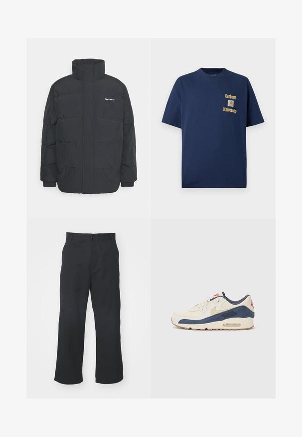 Musta puhvijaakku korkealla kauluksella, vetoketjukiinnitys edessä ja joustavat hihansuut. Varustettu taskulla ja pienellä logolla rintakehässä. Rakeinen pinta.; T-paidat tummansinisestä puuvillasta, joissa on lyhyet hihat. Edessä kultaisella tekstillä "Carhartt University" ja logo-tasku vasemmalla rintapuolella.; Mustat suorat housut, jotka on valmistettu sileätekstuurisesta kankaasta. Housuissa on edessä napitus ja tavalliset taskut.; Tennarit, joissa on kermanvärinen nahka ja merimiessininen mokka päällinen, näkyvällä ilmasoolalla, beige kumipohja ja punainen yksityiskohta kantapäässä.