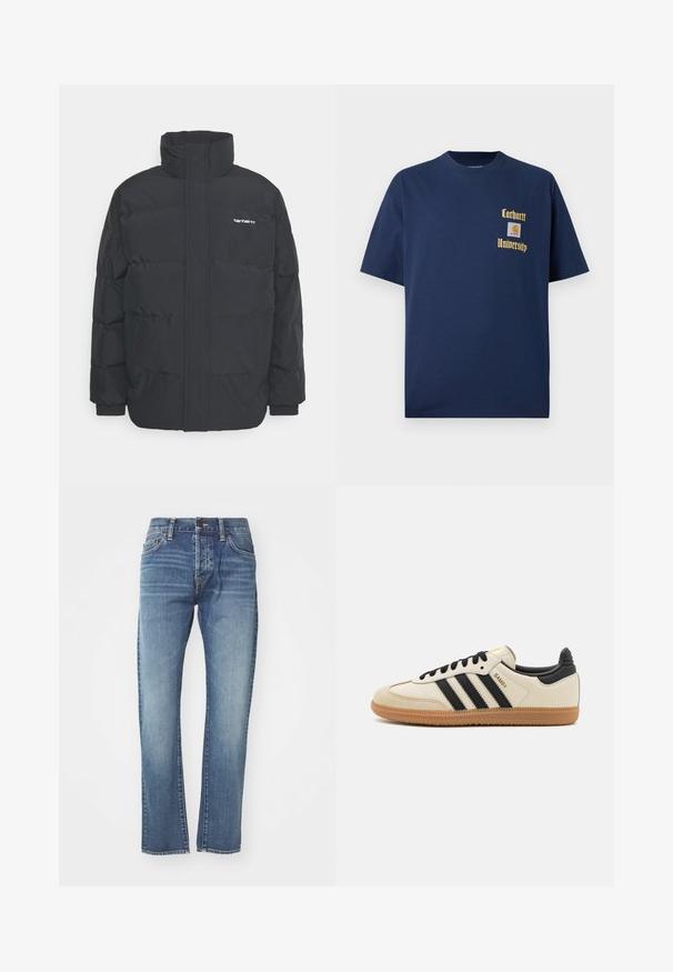 Črna puhasta jakna z visokim ovratnikom, z zadrgo spredaj in elastičnimi manšetami. Ima žep in majhen logotip na prsih. Teksturirana površina.; Navy modra bombažna majica s kratkimi rokavi, z zlatim napisom "Carhartt University" in logotipom na levem prsnem delu.; Modre denim hlače s ravnim krojem, srednje prane, s petimi žepi in diskretno zbledelimi deli. Vključujejo klasičen pas in zanke za pas.; Bež športna čevlja z črnimi črtami, gumijastim podplatom in črnimi detajli. Imajo gladko usnjeno zgornji del in obliko zaobljenega prsta.