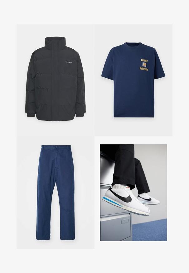 Crna puffer jakna s visokim ovratnikom, prednjim zatvaračem i elastičnim manžetama. Ima džep i mali logo na prsima. Teksturalna površina.; Tamno plavi pamukasti majica s kratkim rukavima, s zlatnim natpisom "Carhartt University" i logotipom na lijevoj strani grudi.; Tamno plave hlače ravnog kroja od pamuka. Imaju prednje kopčanje na dugme i suptilnu teksturu, kao i bočne džepove i petlje za remen.; Bijele kožne tenisice s crnim Nike logotipom, svijetloplavi i sivi gumeni potplat te klasičan dizajn vezanja. Noge su naslonjene na ormar.