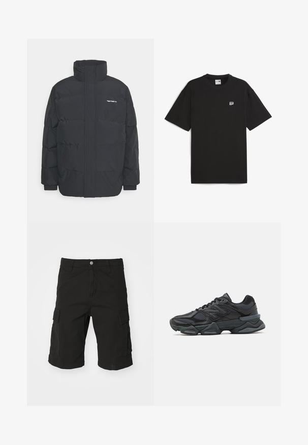 Crna puffer jakna s visokim ovratnikom, prednjim zatvaračem i elastičnim manžetama. Ima džep i mali logo na prsima. Teksturalna površina.; Crna majica kratkih rukava od pamuka, s okruglim izrezom i malim bijelim logom na prsima. Jednostavan, opušteni kroj.; Crne cargo kratke hlače izrađene od izdržljivog materijala, s bočnim džepovima, kopčanjem na dugme i detaljima s prevrnutim rubovima. Dizajn ravnog kroja.; Crne trkačke tenisice izrađene od kombinacije mrežastih i sintetičkih materijala, s debelim potplatom, zakrivljenim dizajnom i istaknutim brendom sa strane.