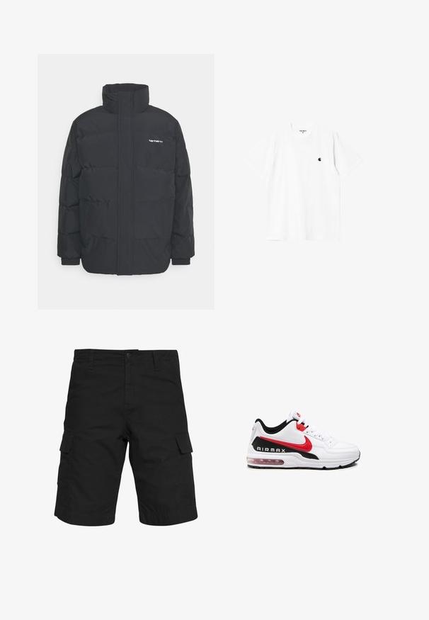 Schwarze Daunenjacke mit hohem Kragen, Reißverschluss vorne und elastischen Bündchen. Verfügt über eine Tasche und ein kleines Logo auf der Brust. Strukturiert Oberfläche.; Weißes Baumwoll-T-Shirt mit kurzen Ärmeln, Rundhalsausschnitt und kleinem schwarzem Logo auf der linken Brust. Weicher Stoff und normale Passform.; Schwarze Cargo-Shorts aus gewebtem Stoff, mit zwei Seitentaschen, einem Knopfverschluss und einem geraden Schnitt, der bis zum Knie reicht.; Weißer Sportschuh mit schwarz-roten Akzenten, ausgestattet mit einem glatten Leder-Obermaterial, Schnürung vorne und sichtbarer Luftpolsterung in der Sohle.