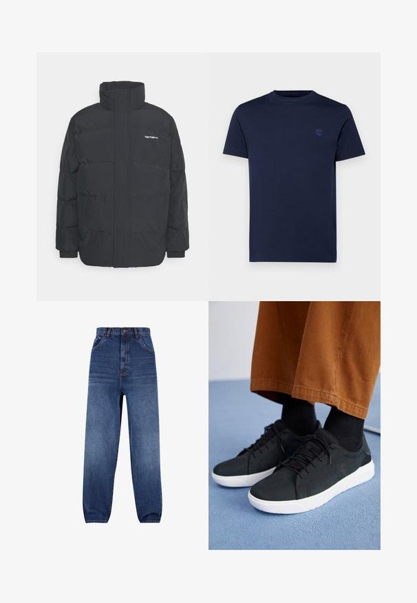 Černá zimní bunda s vysokým límcem, zipem vpředu a elastickými manžetami. Má kapsu a malé logo na hrudi. Texturovaný povrch.; Námořnická modrá bavlněná trička s kulatým výstřihem, krátkými rukávy a malým vyšitým logem na hrudi. Hladká textura, klasický střih.; Džínové kalhoty v tmavě modré barvě. Vysoký pas a volný střih. Disponují předními kapsami a jemným efiktem blednutí na nohavicích.; Černé semišové tenisky s bílými gumovými podešvemi, s šněrovacím designem, texturovanými detaily a jemným logem, spárované s hnědými kalhotami.