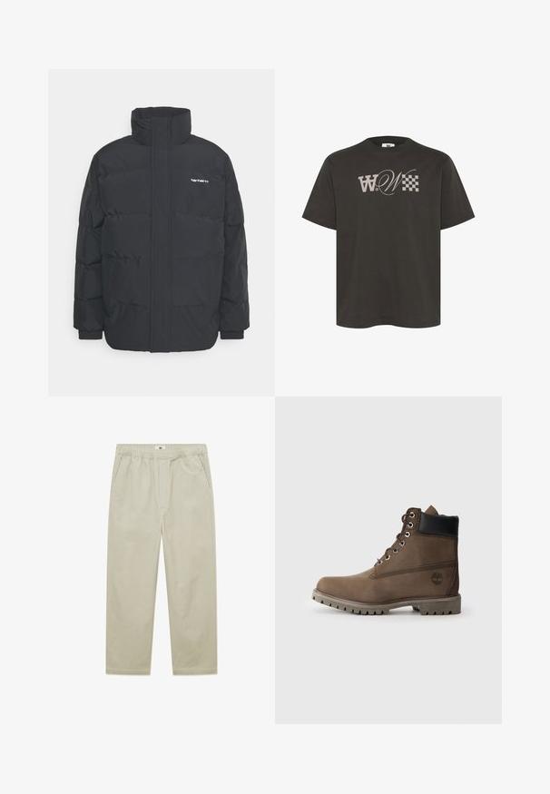 Giacca puffa nera con colletto alto, chiusura con zip frontale e polsini elastici. Presenta una tasca e un piccolo logo sul petto. Superficie testurizzata.; T-shirt in cotone grigio scuro con un grande logo stilizzato "W" e motivo a scacchi sul davanti. Design con maniche corte e collo rotondo.; DOUBLE A BY W.W. LAX - Pantaloni - moonstruck; Stivale alla caviglia in pelle marrone con colletto nero, occhielli metallici e suola grigia robusta. Presenta il logo sul lato e dettagli cuciti.