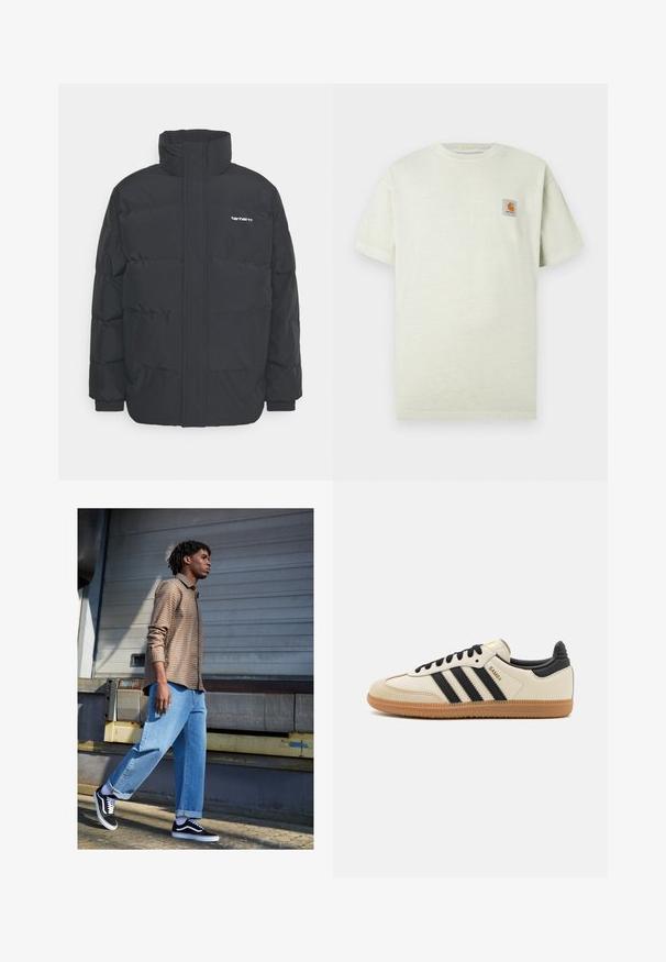 Casaco acolchoado preto com colarinho alto, fecho de correr à frente e punhos elásticos. Apresenta um bolso e um pequeno logótipo no peito. Superfície texturada.; T-shirt de algodão verde claro com mangas curtas, decote redondo e um pequeno retângulo com um logótipo no lado esquerdo do peito. Textura suave.; Camisa xadrez castanha, jeans de corte largo azul claro e tênis pretos. Características incluem as mangas dobradas e detalhes brancos contrastantes nos sapatos.; Sapatilha atlética bege com riscas pretas, sola em borracha natural e detalhes pretos. Apresenta um cabedal em pele lisa e um design de bico arredondado.