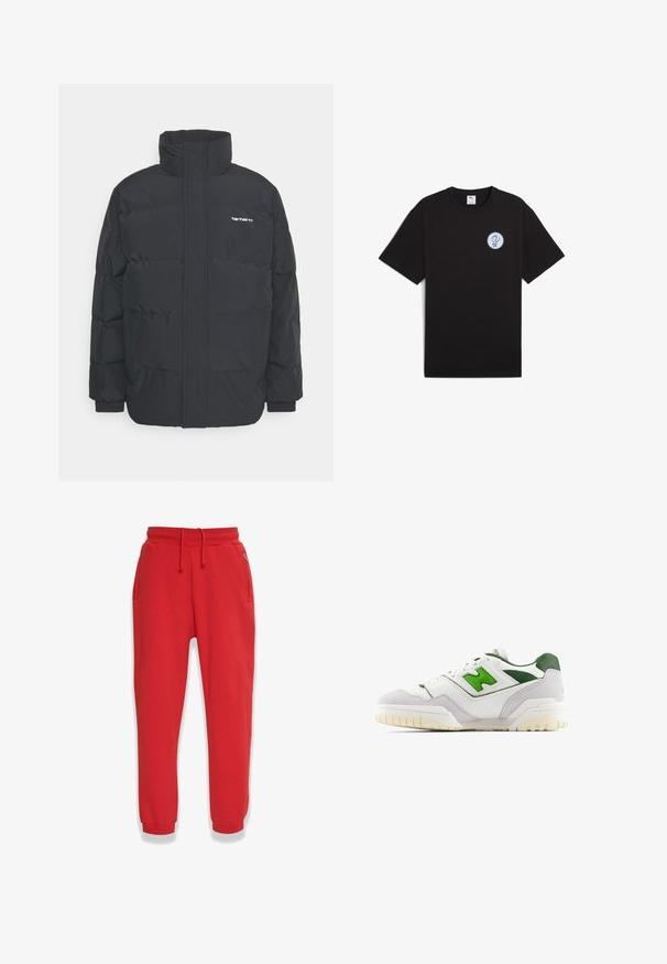 Black puffer jacket with a high collar, zip front, and elastic cuffs. Features a pocket and a small logo on the chest. Textured surface.; Black cotton T-shirt with short sleeves, crew neck, and a round blue logo on the left chest area. Smooth texture and casual fit.; Red sweatpants made of soft fabric, featuring an elastic waistband with drawstring, side pockets, and tapered legs.; White sneaker with green accents, made of leather and suede. Features a textured upper, padded collar, and a rubber sole with visible tread.