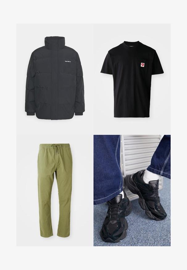 Mustam varrukas jope kõrge kaelusega, vipptõmblusega ja elastsete mansettidega. Omaduseks on tasku ja väike logo rinnal. Tekstuuritud pind.; Must musta T-särk ümmarguse kaeluse, lühikeste varrukate ja vasakpoolse rinna taskuga, millel on punane südameplekk valge tekstiga.; oliiviroheline lõdva istuvusega püksid, millel on elastne vöökoht ja pael. Valmistatud pehmest kangast, millel on sile tekstuur ja sirged sääred.; Mustad mustad tossud, mis sisaldavad nii tekstuuri kui siledat materjali, silmapaistva nöörimise ja jämeda tallaga, koos tumedate teksapükstega.