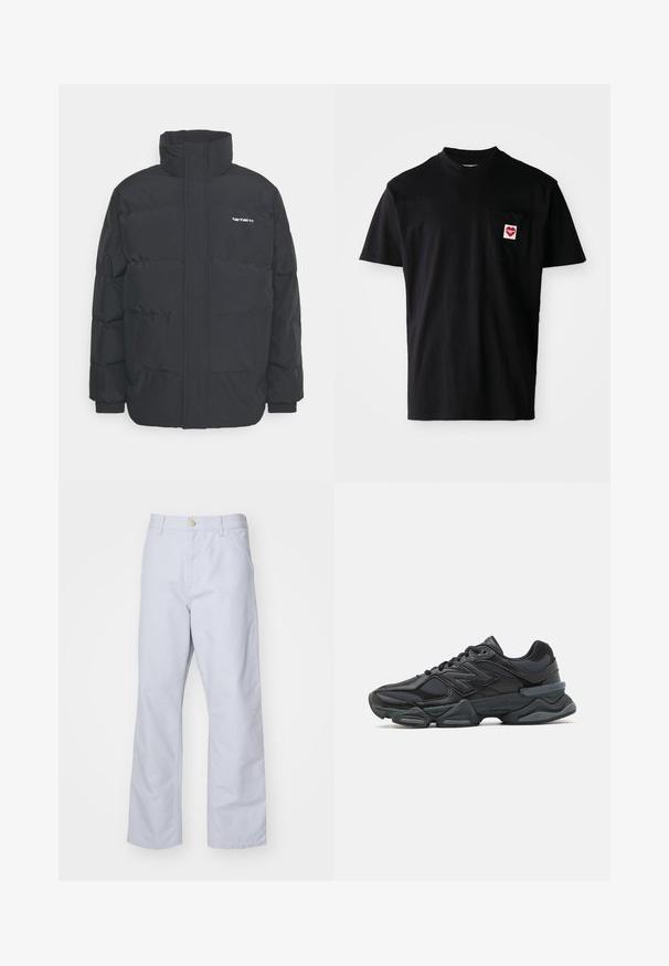 Jachetă puf black cu un guler înalt, închidere cu fermoar frontal și manșete elastice. Are un buzunar și un mic logo pe piept. Suprafață texturată.; Tricou negru din bumbac, cu guler rotund, mâneci scurte și un buzunar pe piept stâng, care prezintă o patch cu un inimă roșie și text alb.; Pantaloni drepți, de culoare albastru deschis, din bumbac. Au un buzunar frontal, fermoar și un singur nasture din metal la talie.; Pantofari de alergare negri, cu un amestec de plasă și materiale sintetice, talpă masivă, design curbat și branding proeminent pe lateral.