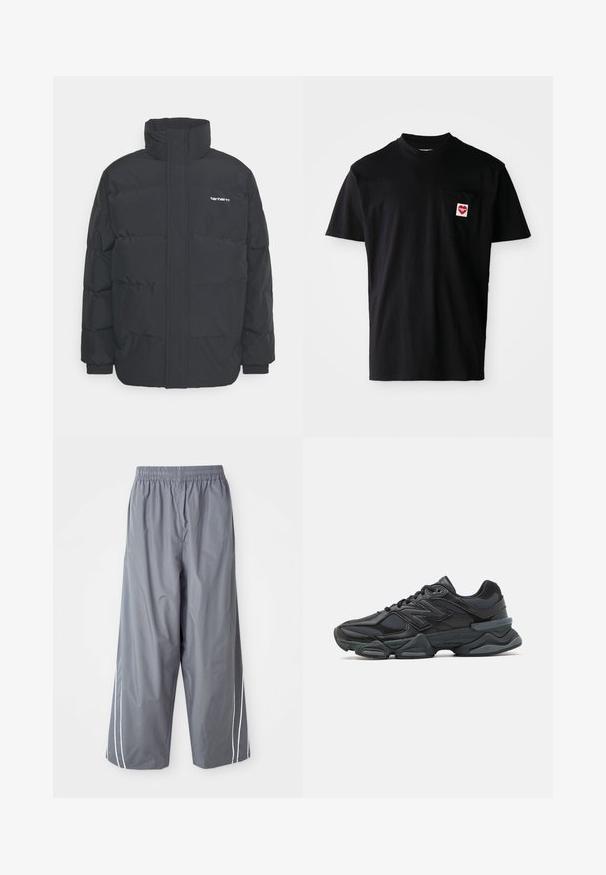 Zwarte pufferjas met een hoge kraag, rits aan de voorkant en elastische manchetten. Bevat een zak en een klein logo op de borst. Getextureerd oppervlak.; Zwarte katoenen t-shirt met een ronde halslijn, korte mouwen en een linkerkant borstzak met een rode hartpatch met witte tekst.; Grijze, lichte, synthetische broek met wijde pijpen, een elastische tailleband en witte zijkanten. Glide textuur met een casual ontwerp.; Zwarte hardloopschoen met een mix van mesh en synthetische materialen, een stevige zool, gebogen ontwerp en prominente branding op de zijkant.