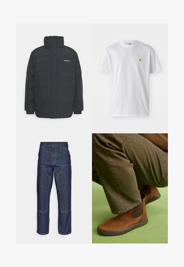 Schwarze Daunenjacke mit hohem Kragen, Reißverschluss vorne und elastischen Bündchen. Verfügt über eine Tasche und ein kleines Logo auf der Brust. Strukturiert Oberfläche.; Weißes Baumwoll-T-Shirt mit kurzen Ärmeln, Rundhalsausschnitt, mit einem kleinen goldenen Logo im linken Brustbereich. Weicher Stoff und normale Passform.; Dunkelblaue Jeans aus Denim mit hoher Taille, geradem Bein-Design, kontrastierenden Nähten und aufgesetzten Taschen auf der Vorderseite.; Braune Lederstiefeletten mit glatter Oberfläche, elastischen Seiteneinsätzen und Gummisohlen, kombiniert mit dunkelgrünen strukturierten Hosen.