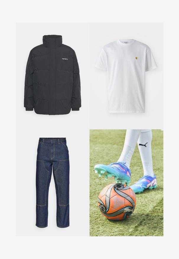 Črna puhasta jakna z visokim ovratnikom, z zadrgo spredaj in elastičnimi manšetami. Ima žep in majhen logotip na prsih. Teksturirana površina.; Bela bombažna majica s kratkimi rokavi, krožnim ovratnikom, z majhnim zlatim logotipom na levem prsnem predelu. Mehka tekstura in običajen kroj.; Temno modri kavbojke z visokim pasom, ravnim krojem, kontrastnim šivom in žepekami na sprednji strani.; Modra in roza nogometna čevlja pritiska na oranžno in črno vzorčen nogometno žogo na umetni travi. Čevlji imajo teksturirano površino s konicami.