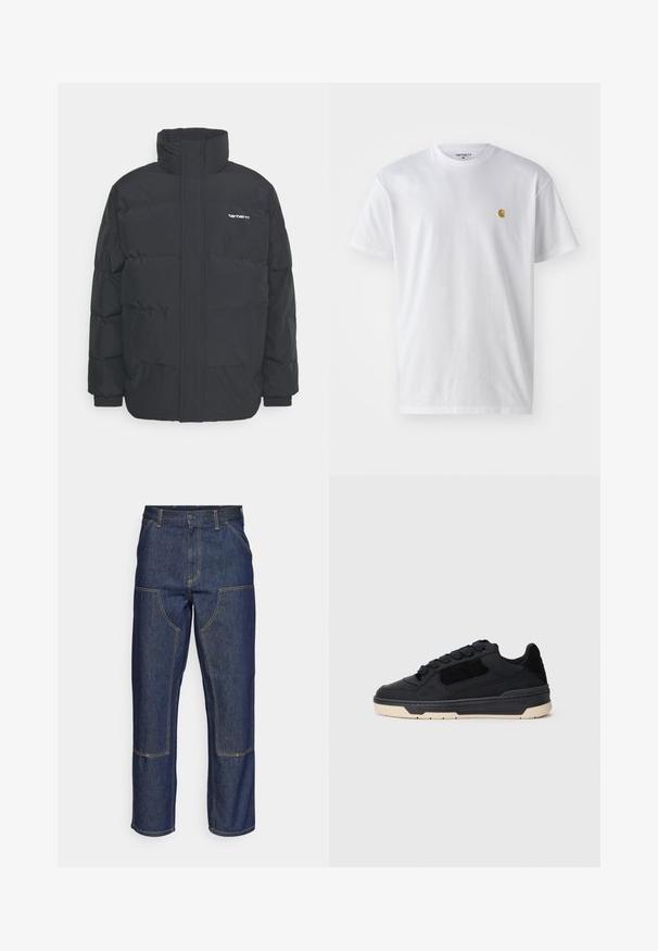 Mustam varrukas jope kõrge kaelusega, vipptõmblusega ja elastsete mansettidega. Omaduseks on tasku ja väike logo rinnal. Tekstuuritud pind.; Valge puuvillane t-särk lühikeste varrukatega, ümmargune kaelus, millel on väike kuldne logo vasakul rinnal. Pehme tekstuur ja regulaarne lõike.; Tumedast sinisest denimmaterjalist teksad kõrge talje, sirge sääre disainiga, kontrastsete õmblustega ning ees taskud plaastritega.; Musta madal treeningjalats paksu beeži tallaga, seemis- ja nahapaneelidega ning ümmarguste mustade paeltega, näidatud vasakult küljeprofiilist.