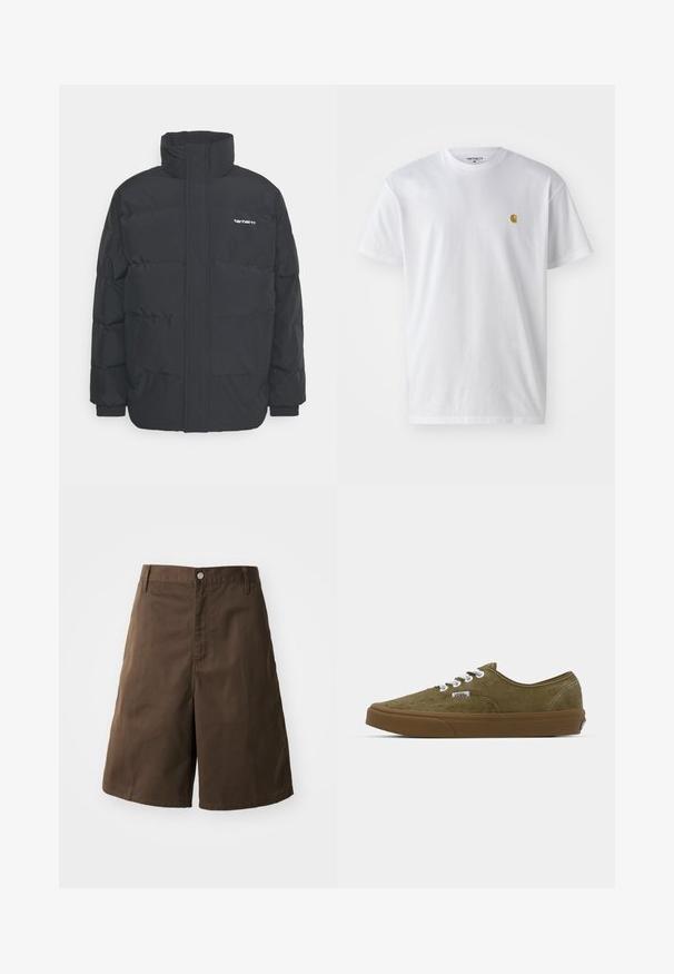 Black puffer jacket with a high collar, zip front, and elastic cuffs. Features a pocket and a small logo on the chest. Textured surface.; White cotton t-shirt with short sleeves, crew neck, featuring a small gold logo on the left chest area. Soft texture and regular fit.; Brown cotton shorts with a straight fit, featuring a button closure, belt loops, and no visible patterns or accents.; Olive green suede sneakers with white laces, rubber brown outsole, low-top design, and stitched detailing along the edges.