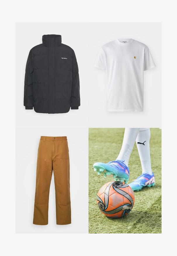 Fekete puffKabát magas nyakkal, cipzáros előlappal és rugalmas mandzsettával. Tartalmaz egy zsebet és egy kis logót a mellkason. Texturált felület.; Fehér pamut póló rövid ujjakkal, kerek nyakkal, bal mellel egy kis arany logóval. Puha tapintású és normál fazonú.; Barna pamut munkanadrág egyenes lábbal, elülső zsebekkel és fém kiegészítőkkel a fokozott tartósság érdekében.; Egy kék és rózsaszín foci cipő nyomja az narancssárga és fekete mintázatú focilabdát mesterséges fűre. A cipő felülete texturált, tüskés.