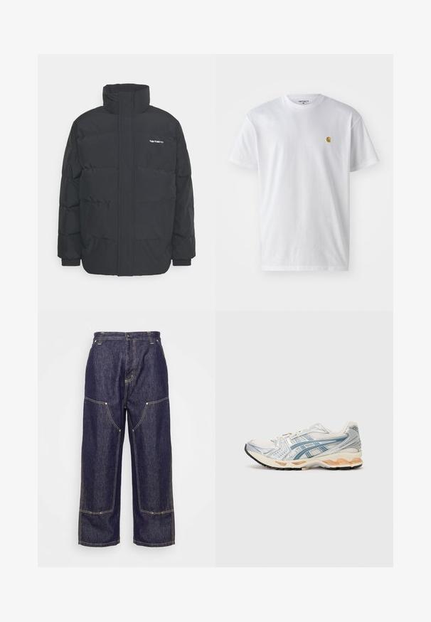 Melnā pūkainā jaka ar augstu apkakli, rāvējslēdzēja priekšpusi un elastīgām piedurknēm. Iespējama kabata un neliels logo uz krūtīm. Strukturēta virsma.; Balta kokvilnas t-kreklu ar īsām piedurknēm, apaļu kakla izgriezumu, ar mazu zelta logotipu kreisajā krūšu pusē. Mīksta tekstūra un regulāra piegriezuma.; Carhartt WIP NASH PANT SMITH - Brīva piegriezuma džinsi - blue rinsed; Skriešanas apavi ar vieglu neaustā auduma augšdaļu, dekoriem sudraba un zilā krāsā, mīkstinātu nedaudz brūnas krāsas vidusdaļu un izturīgu melnu gumijas ārējo zoli.