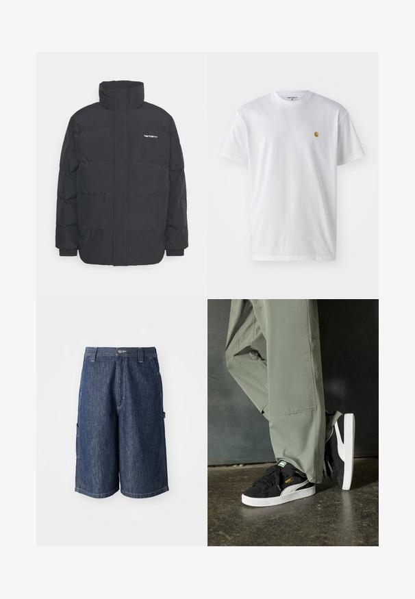 Doudoune noire avec un col montant, fermeture éclair à l'avant et poignets élastiques. Comprend une poche et un petit logo sur la poitrine. Surface texturée.; T-shirt en coton blanc à manches courtes, col rond, avec un petit logo doré sur la poitrine gauche. Texture douce et coupe régulière.; Shorts en denim bleu foncé avec une coupe droite, cinq poches et des coutures visibles. Dotés d'une fermeture à bouton et de passants de ceinture.; Baskets en daim noir avec des semelles en caoutchouc blanc et des rayures sur les côtés, associées à un pantalon cargo vert clair, posées sur une surface sombre texturée.