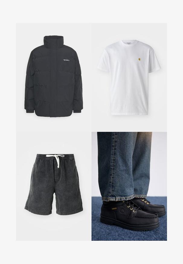 Giacca puffa nera con colletto alto, chiusura con zip frontale e polsini elastici. Presenta una tasca e un piccolo logo sul petto. Superficie testurizzata.; T-shirt bianco in cotone con maniche corte, con colletto girocollo, caratterizzato da un piccolo logo dorato sulla parte sinistra del petto. Tessuto morbido e vestibilità regolare.; Bermuda in velluto a coste di colore grigio scuro con righe verticali. Presenta una vita elasticizzata con un laccetto bianco. Design casual adatto per il clima caldo.; Scarpe di pelle nera con occhielli dorati e finitura testurizzata, abbinate a jeans denim blu. Le scarpe presentano una suola a strati e un dettaglio di branding.