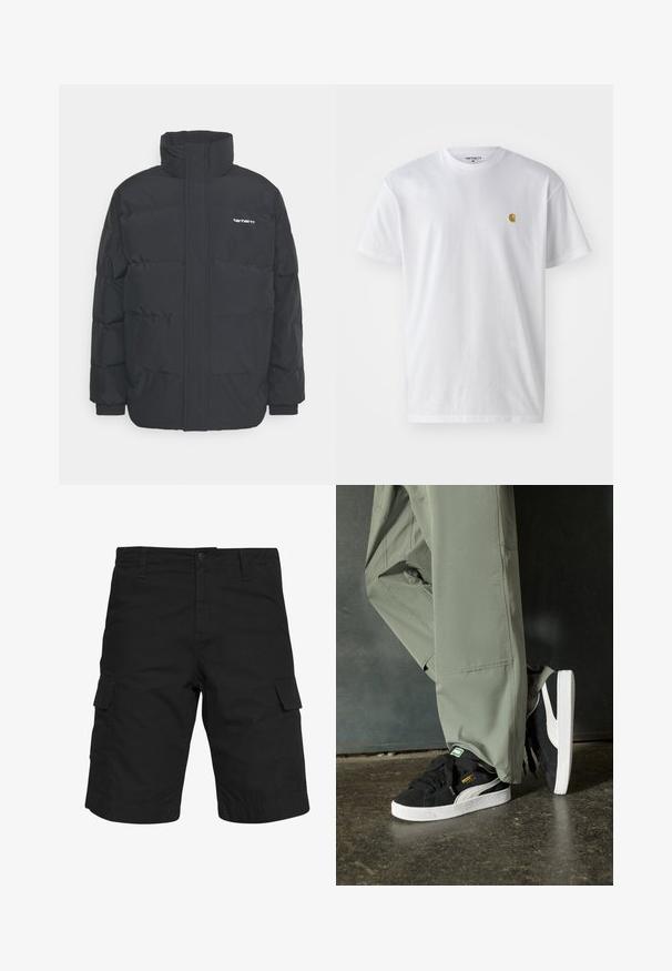 Schwarze Daunenjacke mit hohem Kragen, Reißverschluss vorne und elastischen Bündchen. Verfügt über eine Tasche und ein kleines Logo auf der Brust. Strukturiert Oberfläche.; Weißes Baumwoll-T-Shirt mit kurzen Ärmeln, Rundhalsausschnitt, mit einem kleinen goldenen Logo im linken Brustbereich. Weicher Stoff und normale Passform.; Schwarze Cargo-Shorts aus gewebtem Stoff, mit zwei Seitentaschen, einem Knopfverschluss und einem geraden Schnitt, der bis zum Knie reicht.; Schwarze Wildleder-Sneaker mit weißen Gummisohlen und seitlichen Streifen, kombiniert mit hellgrünen Cargo-Hosen, stehen auf einer strukturierten dunklen Oberfläche.