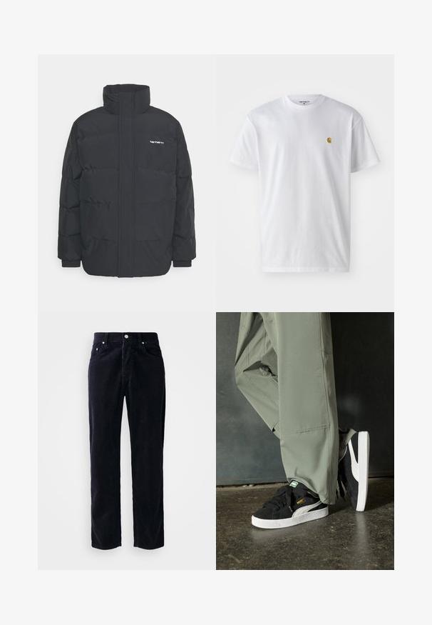 Czarna kurtka puchowa z wysoką kołnierzem, zamkiem z przodu i elastycznymi mankietami. Posiada kieszeń oraz małe logo na piersi. Teksturowana powierzchnia.; Biała bawełniana koszulka z krótkim rękawem, okrągłym dekoltem, z małym złotym logo na lewej części klatki piersiowej. Miękka textura i regularny krój.; Granatowe spodnie z kordurowej tkaniny o prostym kroju, z pięcioma kieszeniami i zapięciem na guziki. Charakteryzują się pionowym prążkowanym wzorem oraz metalowymi detalami.; Czarne zamszowe trampki z białymi gumowymi podeszwami i bocznymi paskami, w połączeniu z jasnoszarymi spodniami cargo, stoją na teksturowanej ciemnej powierzchni.