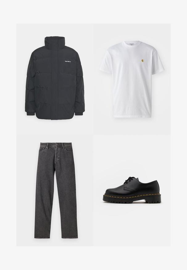 Črna puhasta jakna z visokim ovratnikom, z zadrgo spredaj in elastičnimi manšetami. Ima žep in majhen logotip na prsih. Teksturirana površina.; Bela bombažna majica s kratkimi rokavi, krožnim ovratnikom, z majhnim zlatim logotipom na levem prsnem predelu. Mehka tekstura in običajen kroj.; Črne jeans hlače s ravnim krojem, petimi žepi in subtilnim bledenjem. Imajo gumbasto zapiranje in zanke za pas.; Črne usnjene čevlje z vezalkami in zaobljenim nosom, z gumijastim podplatom in rumenim šivom okoli osnove. Ravna zasnova in gladka površina.
