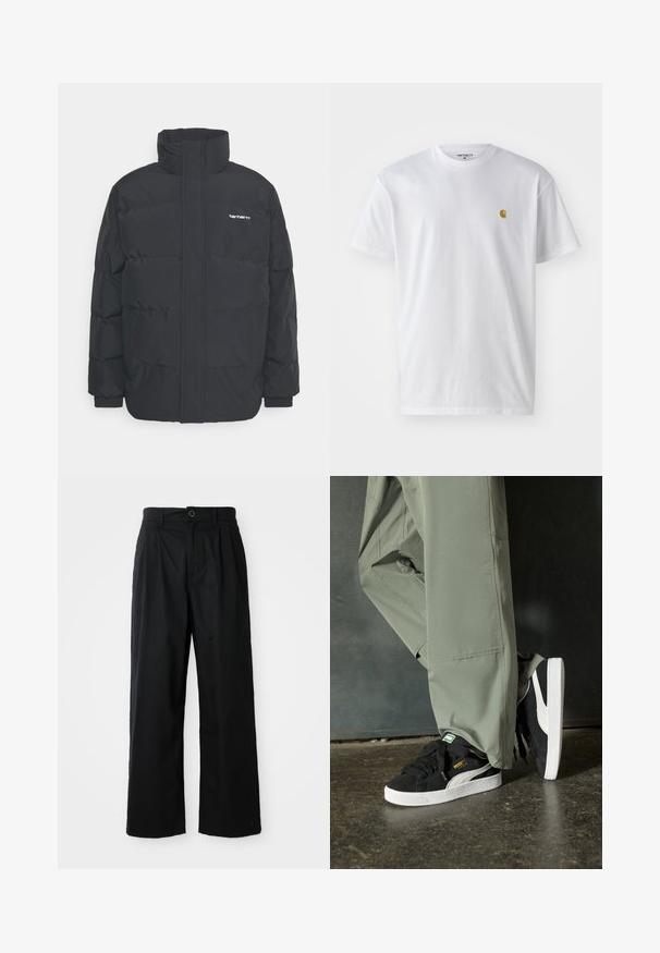 Giacca puffa nera con colletto alto, chiusura con zip frontale e polsini elastici. Presenta una tasca e un piccolo logo sul petto. Superficie testurizzata.; T-shirt bianco in cotone con maniche corte, con colletto girocollo, caratterizzato da un piccolo logo dorato sulla parte sinistra del petto. Tessuto morbido e vestibilità regolare.; Pantaloni neri a gamba larga in cotone con una texture liscia, dotati di chiusura frontale con bottone e due tasche laterali.; Sneaker in suede nero con suole in gomma bianca e strisce laterali, abbinate a pantaloni cargo verde chiaro, in piedi su una superficie scura e texture.