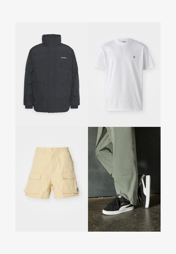 Čierna puffová bunda s vysokým golierom, zipom vpredu a elastickými manžetami. Obsahuje vrecko a malé logo na hrudi. Textúrovaný povrch.; Biele bavlnené tričko s krátkymi rukávmi, okrúhlym výstrihom, s malým zlatým logom na ľavej strane hrude. Mäkká textúra a normálny strih.; Žlté cargo šortky vyrobené z ľahkej tkaniny, s dvoma veľkými bočnými vreckami, elastickým pásom a malou nášivkou s logom na strane.; Čierne semišové tenisky s bielymi gumovými podrážkami a postrannými prúžkami, v kombinácii s svetlozelenými cargo nohavicami, stojace na textúrovanom tmavom povrchu.