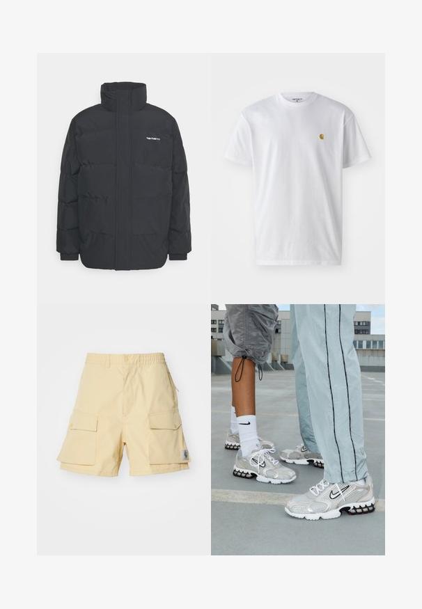 Melnā pūkainā jaka ar augstu apkakli, rāvējslēdzēja priekšpusi un elastīgām piedurknēm. Iespējama kabata un neliels logo uz krūtīm. Strukturēta virsma.; Balta kokvilnas t-kreklu ar īsām piedurknēm, apaļu kakla izgriezumu, ar mazu zelta logotipu kreisajā krūšu pusē. Mīksta tekstūra un regulāra piegriezuma.; Dzelteni kravas šorti, izgatavoti no viegla auduma, ar divām lielām sānu kabatām, elastīgu jostu un nelielu logotipa uzlīmi sānos.; Nike sporta apavi sudraba sietā, ar baltām auklām, melnu swoosh logotipu un melnu un sarkanu gaisa amortizācijas zoli.