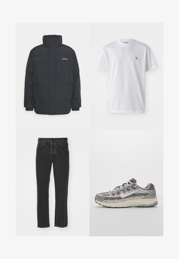 Juodas pūkinis švarkas su aukšta apykakle, užtrauktuku priekyje ir elastingomis rankovėmis. Yra kišenė ir mažas logotipas ant krūtinės. Tekstūruotas paviršius.; Balta medvilnės marškinėliai su trumpomis rankovėmis, apvalia iškirpte, kuriuose kairėje krūtinės pusėje yra mažas auksinis logotipas. Minkšta tekstūra ir reguliari forma.; Juodos džinsinės kelnes su tiesiomis kojomis, klasikinis penkių kišenių dizainas, sagčių juostos, ir išblukęs paviršius. Lygus tekstūra, be matomų raštų.; Pilkas sportinis batas su tinklu ir zomšos viršutine dalimi, baltomis detalėmis, paminkštintu padu ir išskirtiniu dizainu su atspindinčiais elementais.