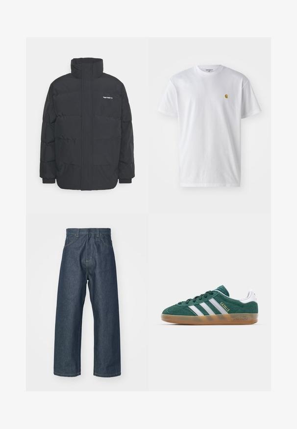 Mustam varrukas jope kõrge kaelusega, vipptõmblusega ja elastsete mansettidega. Omaduseks on tasku ja väike logo rinnal. Tekstuuritud pind.; Valge puuvillane t-särk lühikeste varrukatega, ümmargune kaelus, millel on väike kuldne logo vasakul rinnal. Pehme tekstuur ja regulaarne lõike.; Carhartt WIP BRANDON PANT - Baggy fit teksad - blue rigid; Roheline sametist toss, millel on valged triibud ja kuldne "Gazelle" tekst. Omab kummist tallat ja pehmet kaela mugavuse tagamiseks.