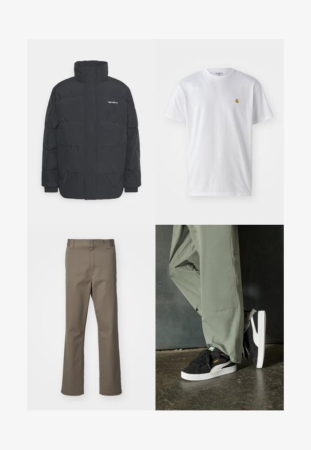 Zwarte pufferjas met een hoge kraag, rits aan de voorkant en elastische manchetten. Bevat een zak en een klein logo op de borst. Getextureerd oppervlak.; Witte katoenen t-shirt met korte mouwen en ronde hals, voorzien van een klein gouden logo op de linkerkant van de borst. Zachte textuur en een normale pasvorm.; Bruine rechte broek met riemlussen, voorrits en zonder zichtbare zakken, weergegeven op een witte achtergrond.; Zwarte suède sneakers met witte rubberen zolen en zijstrepen, gecombineerd met lichtgroene cargobroeken, staande op een gestructureerd donker oppervlak.