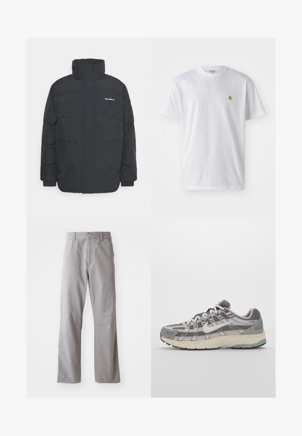 Černá zimní bunda s vysokým límcem, zipem vpředu a elastickými manžetami. Má kapsu a malé logo na hrudi. Texturovaný povrch.; Bílé bavlněné tričko s krátkým rukávem a kulatým výstřihem, s malým zlatým logem na levé straně hrudi. Měkká textura a klasický střih.; Šedé bavlněné kalhoty s rovnými nohavicemi, s předním zapínáním na knoflík a poutky na pásek. Hladká textura a minimální zdobení.; Šedá sportovní obuv s vrchní částí z mikrovlákna a semiše, bílými akcenty, polstrovanou podrážkou a jedinečným designem s reflexními prvky.
