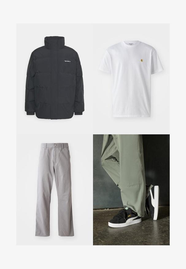 Črna puhasta jakna z visokim ovratnikom, z zadrgo spredaj in elastičnimi manšetami. Ima žep in majhen logotip na prsih. Teksturirana površina.; Bela bombažna majica s kratkimi rokavi, krožnim ovratnikom, z majhnim zlatim logotipom na levem prsnem predelu. Mehka tekstura in običajen kroj.; Sive bombažne hlače s ravnim krojem, ki imajo sprednje zapiranje na gumb in zanke za pas. Gladek videz in minimalno podrobnosti.; Črne semšaste športne copate z belimi gumijastimi podplati in stranskimi črtami, v kombinaciji s svetlo zelenimi cargo hlačami, ki stojijo na teksturirani temni površini.