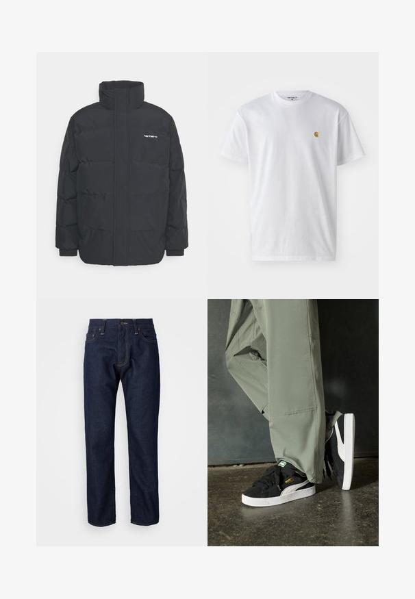Črna puhasta jakna z visokim ovratnikom, z zadrgo spredaj in elastičnimi manšetami. Ima žep in majhen logotip na prsih. Teksturirana površina.; Bela bombažna majica s kratkimi rokavi, krožnim ovratnikom, z majhnim zlatim logotipom na levem prsnem predelu. Mehka tekstura in običajen kroj.; Temno modri kavbojke z ravnim krojem, ki vključujejo bakrene šive, pet žepov in klasično gumbno zapiranje.; Črne semšaste športne copate z belimi gumijastimi podplati in stranskimi črtami, v kombinaciji s svetlo zelenimi cargo hlačami, ki stojijo na teksturirani temni površini.