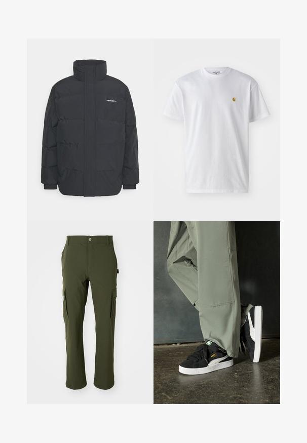 Fekete puffKabát magas nyakkal, cipzáros előlappal és rugalmas mandzsettával. Tartalmaz egy zsebet és egy kis logót a mellkason. Texturált felület.; Fehér pamut póló rövid ujjakkal, kerek nyakkal, bal mellel egy kis arany logóval. Puha tapintású és normál fazonú.; Olíva zöld cargo nadrág, könnyű anyagból készült. Egyenes szárú, több oldalsó zsebbel és gombos záródással a deréknál.; Fekete velúr sportcipők fehér gumitalppal és oldalsávokkal, világos zöld cargo nadrággal párosítva, egy textúrált sötét felületen állva.