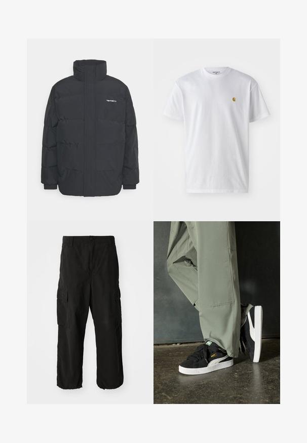 Svart pufferjacka med hög krage, dragkedja framtill och elastiska muddar. Har en ficka och en liten logotyp på bröstet. Texturerad yta.; Vit bomullströja med korta ärmar, rund halsringning, med en liten guldlogotyp på vänster bröstområde. Mjuk textur och vanlig passform.; Svarta cargobyxor gjorda av ett mjukt tyg, med en löst sittande passform, sidofickor och knappstängning. Nederkanten är med uppvik.; Svarta mockaskor med vita gummisulor och sidoväggar, kombinerade med ljusgröna cargobyxor, stående på en texturerad mörk yta.