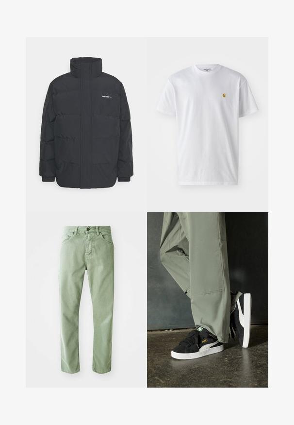 Casaco acolchoado preto com colarinho alto, fecho de correr à frente e punhos elásticos. Apresenta um bolso e um pequeno logótipo no peito. Superfície texturada.; T-shirt branca de algodão com mangas curtas, decote redondo, apresentando um pequeno logótipo dourado na área do peito esquerdo. Textura macia e ajuste regular.; Jeans de ganga verdes com corte recto, cinco bolsos e fecho frontal com botão. Apresentam uma textura subtil e um acabamento limpo.; Sapatilhas de camurça pretas com solas de borracha branca e riscas laterais, combinadas com calças de carga verde claro, em pé sobre uma superfície escura e texturizada.