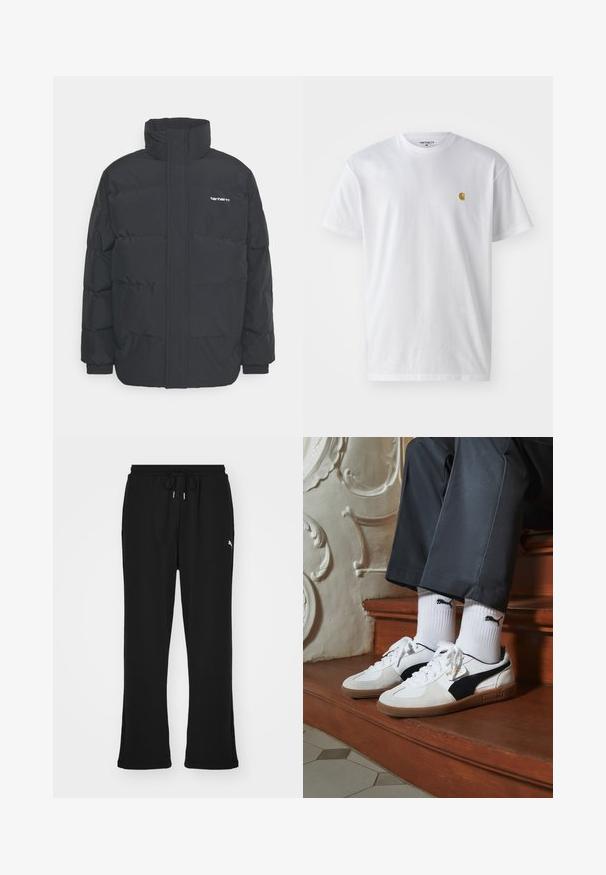 Zwarte pufferjas met een hoge kraag, rits aan de voorkant en elastische manchetten. Bevat een zak en een klein logo op de borst. Getextureerd oppervlak.; Witte katoenen t-shirt met korte mouwen en ronde hals, voorzien van een klein gouden logo op de linkerkant van de borst. Zachte textuur en een normale pasvorm.; Zwarte sweatpants met elastische tailleband en trekkoord, voorzien van zijzakken en een subtiele logo op het linkerpand. Zacht materiaal, uitlopende pasvorm.; Puma sneakers in wit en zwart suède, met een bruine rubberen zool. Gecombineerd met witte sokken met een zwart logo, gedragen met donkere broek.
