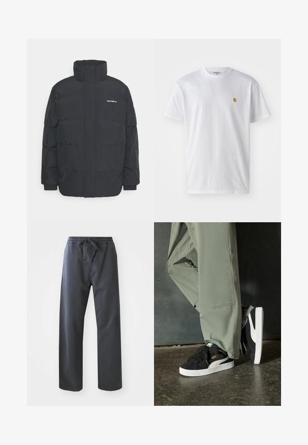 Juodas pūkinis švarkas su aukšta apykakle, užtrauktuku priekyje ir elastingomis rankovėmis. Yra kišenė ir mažas logotipas ant krūtinės. Tekstūruotas paviršius.; Balta medvilnės marškinėliai su trumpomis rankovėmis, apvalia iškirpte, kuriuose kairėje krūtinės pusėje yra mažas auksinis logotipas. Minkšta tekstūra ir reguliari forma.; Juodos, elastingos juosmens kelnes su raišteliu, tiesios kojų dizaino ir lygaus tekstūros. Nėra matomų kišenių ar raštų.; Juodi suede sportbačiai su baltais guminiais padais ir šoninėmis juostelėmis, derinami su šviesiai žaliais kargo kelnais, stovintys ant tekstūruoto tamsaus paviršiaus.