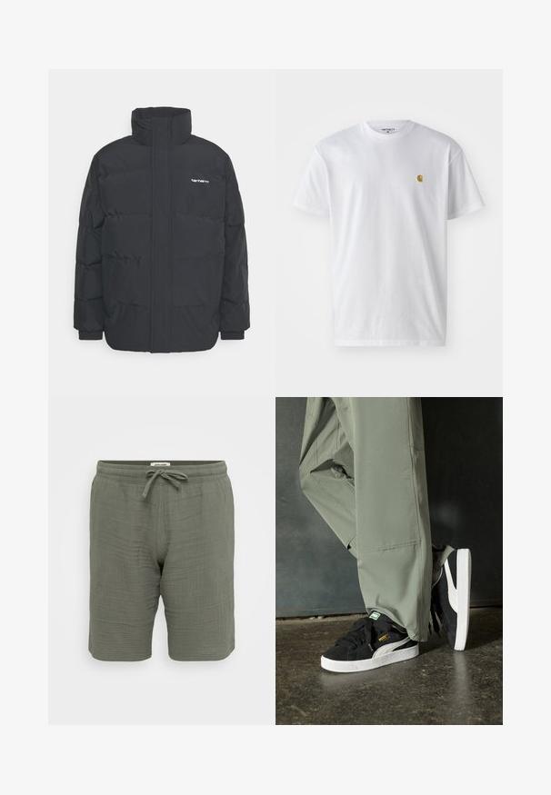 Černá zimní bunda s vysokým límcem, zipem vpředu a elastickými manžetami. Má kapsu a malé logo na hrudi. Texturovaný povrch.; Bílé bavlněné tričko s krátkým rukávem a kulatým výstřihem, s malým zlatým logem na levé straně hrudi. Měkká textura a klasický střih.; Lehké olivově zelené šortky vyrobené z texturované tkaniny. Obsahují elastický pas se šňůrkou, boční kapsy a volný střih.; Černé semišové tenisky s bílými gumovými podrážkami a bočními pruhy, spárované se světle zelenými cargo kalhotami, stojící na texturovaném tmavém povrchu.