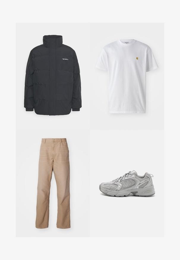 Černá zimní bunda s vysokým límcem, zipem vpředu a elastickými manžetami. Má kapsu a malé logo na hrudi. Texturovaný povrch.; Bílé bavlněné tričko s krátkým rukávem a kulatým výstřihem, s malým zlatým logem na levé straně hrudi. Měkká textura a klasický střih.; Béžové bavlněné kalhoty s přímým střihem, s zipovým zapínáním, pěti kapsami a jemnou texturou.; Stříbrná sportovní obuv s elegantním designem, síťovinovými panely, polstrovaným jazykem, texturovaným syntetickým svrškem a gumovou podrážkou pro ochranu proti skluzu.