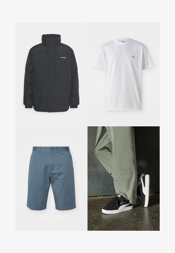 Giacca puffa nera con colletto alto, chiusura con zip frontale e polsini elastici. Presenta una tasca e un piccolo logo sul petto. Superficie testurizzata.; T-shirt bianco in cotone con maniche corte, con colletto girocollo, caratterizzato da un piccolo logo dorato sulla parte sinistra del petto. Tessuto morbido e vestibilità regolare.; Pantaloni blu di cotone con chiusura a bottone, passanti per la cintura e tasche laterali. Texture liscia con una vestibilità comoda, che arriva sopra il ginocchio.; Sneaker in suede nero con suole in gomma bianca e strisce laterali, abbinate a pantaloni cargo verde chiaro, in piedi su una superficie scura e texture.