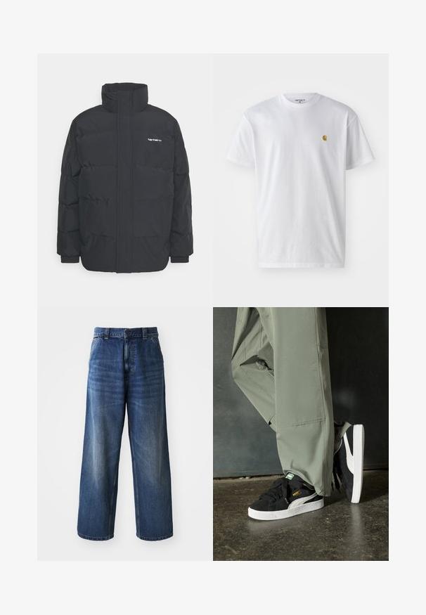 Mustam varrukas jope kõrge kaelusega, vipptõmblusega ja elastsete mansettidega. Omaduseks on tasku ja väike logo rinnal. Tekstuuritud pind.; Valge puuvillane t-särk lühikeste varrukatega, ümmargune kaelus, millel on väike kuldne logo vasakul rinnal. Pehme tekstuur ja regulaarne lõike.; Kõrge vöökohaga sinised denim püksid, laia jala disainiga, millel on peened pleekimised, ees taskud ja nööp sulgemiseks vööl.; Mustad nubukist spordijalatsid valgete kummist tallade ja külgriidega, koos heleda rohelise cargo-pükstega, seistes tekstureeritud tumedal pinnasel.