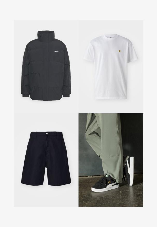 Crna puffer jakna s visokim ovratnikom, prednjim zatvaračem i elastičnim manžetama. Ima džep i mali logo na prsima. Teksturalna površina.; Bijela pamučna majica kratkih rukava s okruglim izrezom, sa malim zlatnim logotipom na lijevoj strani prsnog koša. Mekana tekstura i standardni kroj.; Tamno plave kratke hlače od laganog materijala, s kopčanjem na dugme, peteljkama za pojas i ravnim krojem. Minimalistički stil bez uzoraka.; Crne nubuk tenisice s bijelim gumennim potplatima i bočnim trakama, uparene s svijetlozelenim cargo hlačama, stoje na teksturiranoj tamnoj površini.