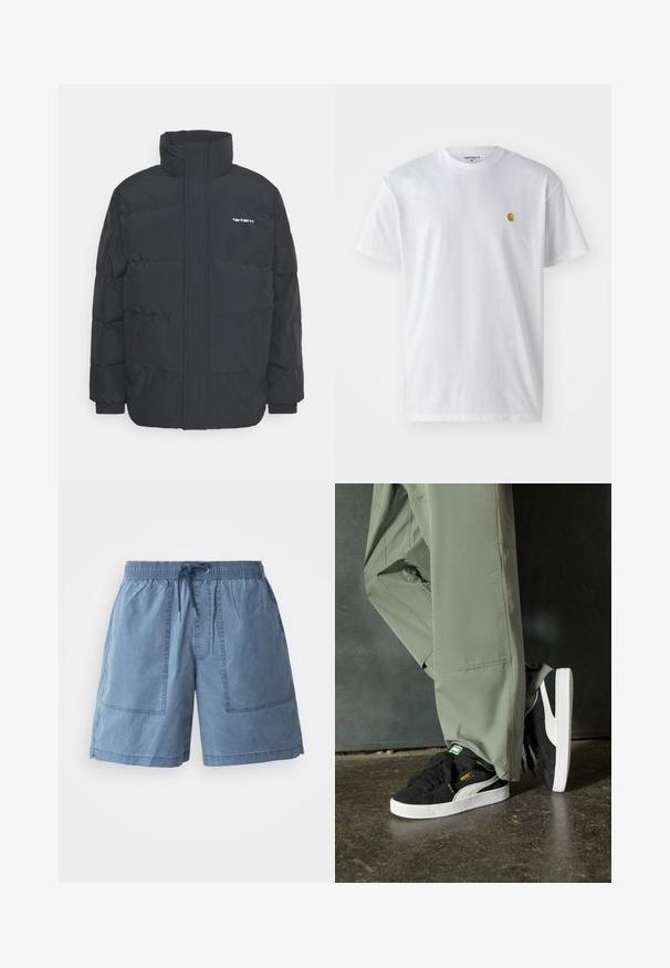 Juodas pūkinis švarkas su aukšta apykakle, užtrauktuku priekyje ir elastingomis rankovėmis. Yra kišenė ir mažas logotipas ant krūtinės. Tekstūruotas paviršius.; Balta medvilnės marškinėliai su trumpomis rankovėmis, apvalia iškirpte, kuriuose kairėje krūtinės pusėje yra mažas auksinis logotipas. Minkšta tekstūra ir reguliari forma.; Žalioji džinsinio audinio šortai šviesiai mėlynos spalvos, su elastine juosta, reguliuojamu raišteliu, dviem didelėmis priekinėmis kišenėmis ir laisvu siluetu.; Juodi suede sportbačiai su baltais guminiais padais ir šoninėmis juostelėmis, derinami su šviesiai žaliais kargo kelnais, stovintys ant tekstūruoto tamsaus paviršiaus.