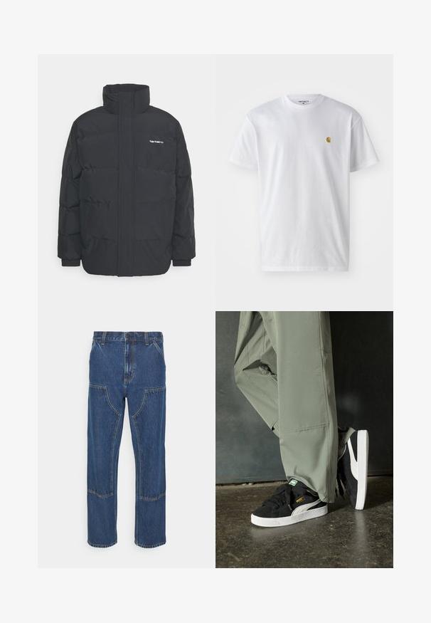 Casaco acolchoado preto com colarinho alto, fecho de correr à frente e punhos elásticos. Apresenta um bolso e um pequeno logótipo no peito. Superfície texturada.; T-shirt branca de algodão com mangas curtas, decote redondo, apresentando um pequeno logótipo dourado na área do peito esquerdo. Textura macia e ajuste regular.; Jeans de ganga azul com perna reta, bolsos frontais de remendo e costuras contrastantes. O tecido tem uma textura e acabamento clássicos.; Sapatilhas de camurça pretas com solas de borracha branca e riscas laterais, combinadas com calças de carga verde claro, em pé sobre uma superfície escura e texturizada.