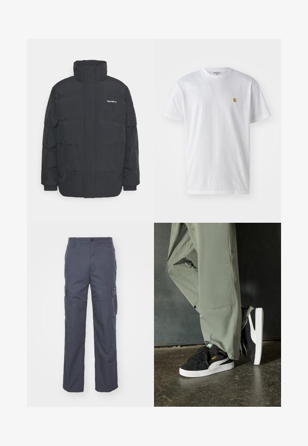 Crna puffer jakna s visokim ovratnikom, prednjim zatvaračem i elastičnim manžetama. Ima džep i mali logo na prsima. Teksturalna površina.; Bijela pamučna majica kratkih rukava s okruglim izrezom, sa malim zlatnim logotipom na lijevoj strani prsnog koša. Mekana tekstura i standardni kroj.; Cargo hlače u tamnosivoj tkanini, s širokim nogavicama, višestrukim bočnim džepovima i dugmetom za zatvaranje u struku. Glatka tekstura i čvrst dizajn.; Crne nubuk tenisice s bijelim gumennim potplatima i bočnim trakama, uparene s svijetlozelenim cargo hlačama, stoje na teksturiranoj tamnoj površini.