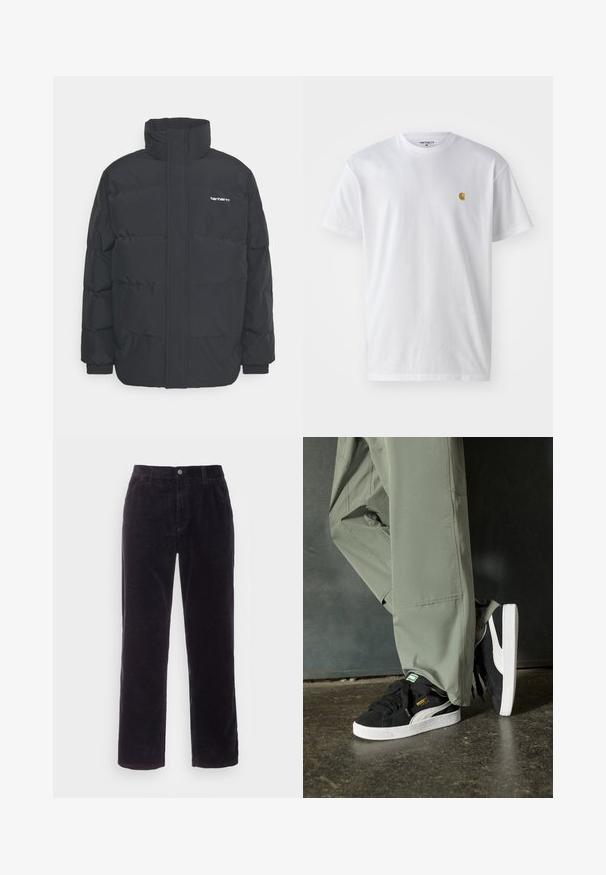 Jachetă puf black cu un guler înalt, închidere cu fermoar frontal și manșete elastice. Are un buzunar și un mic logo pe piept. Suprafață texturată.; Tricou alb din bumbac, cu mâneci scurte, gât echipat, având un mic logo auriu în zona stânga a pieptului. Textură moale și croială normală.; Carhartt WIP SINGLE KNEE PANT - Pantaloni - dark navy rinsed; Adidași negri din piele întoarsă cu tălpi din cauciuc alb și dungi pe lateral, asortați cu pantaloni cargo verzi deschis, stând pe o suprafață texturată întunecată.