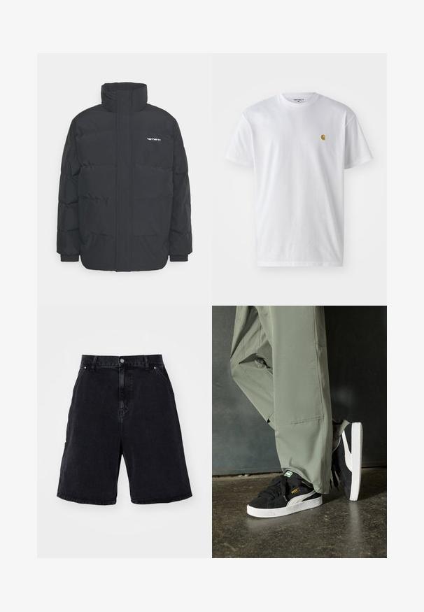 Černá zimní bunda s vysokým límcem, zipem vpředu a elastickými manžetami. Má kapsu a malé logo na hrudi. Texturovaný povrch.; Bílé bavlněné tričko s krátkým rukávem a kulatým výstřihem, s malým zlatým logem na levé straně hrudi. Měkká textura a klasický střih.; Černé denimové šortky mají uvolněný střih, standardní pět kapes a kovové zapínání na knoflík. Hladká textura s minimálním vyblednutím.; Černé semišové tenisky s bílými gumovými podrážkami a bočními pruhy, spárované se světle zelenými cargo kalhotami, stojící na texturovaném tmavém povrchu.