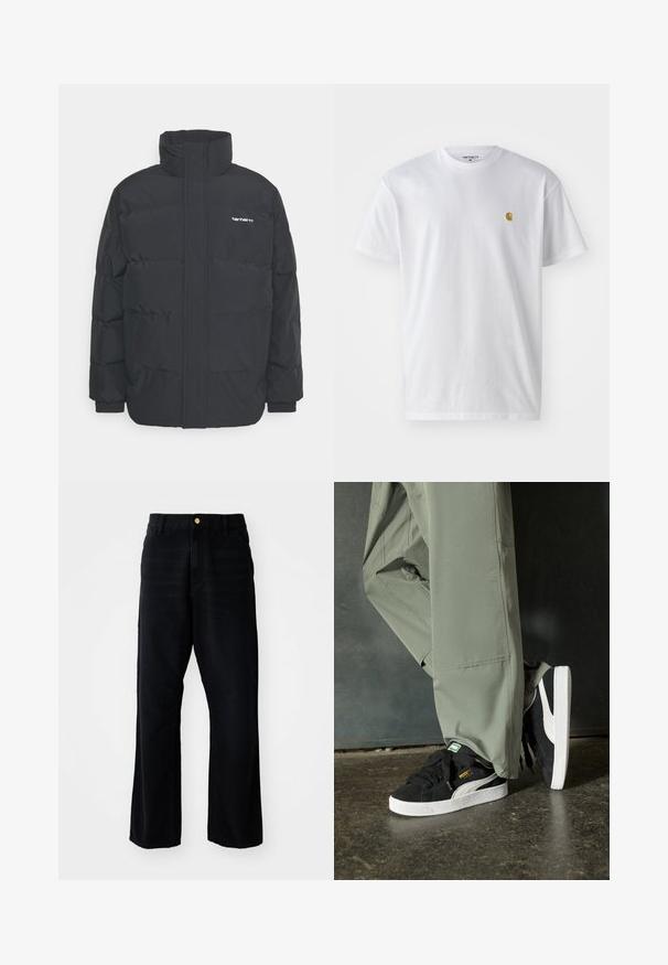 Crna puffer jakna s visokim ovratnikom, prednjim zatvaračem i elastičnim manžetama. Ima džep i mali logo na prsima. Teksturalna površina.; Bijela pamučna majica kratkih rukava s okruglim izrezom, sa malim zlatnim logotipom na lijevoj strani prsnog koša. Mekana tekstura i standardni kroj.; Crni traperice s opuštenim krojem, s zlatnim gumbom, pet džepova i ravnim nogavicama. Glatka textura.; Crne nubuk tenisice s bijelim gumennim potplatima i bočnim trakama, uparene s svijetlozelenim cargo hlačama, stoje na teksturiranoj tamnoj površini.